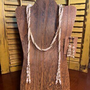Vintage Goldtone and White Beaded Lariat Necklace and Clip Earrings Set